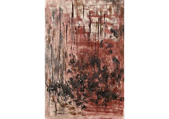 Pigmente, Acryl, Haare, Asche,
Grapit auf Leinwand mit Eiweiß, 80x120cm